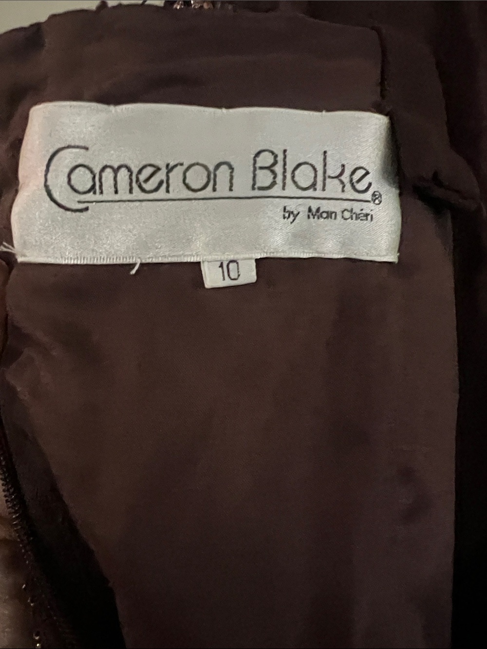 CAMERON BLAKE by Mon Cheri Brown Beaded Chiffon Ruffle Hem Evening Gown Size 10 - Picture 3 of 10